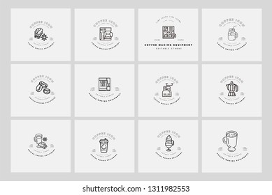 Vector icon and logo for coffee making equipment. Editable outline stroke size. Line flat contour, thin and linear design. Simple icons. Concept illustration. Sign, symbol, element.