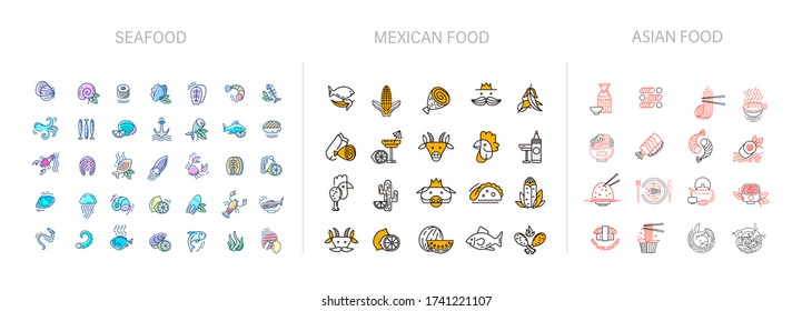 Vector icon and logo collection for asian, japan food seafood and mexican. Delivery food. Editable outline stroke size. Line flat contour, thin and linear design. Simple icons. Sign, symbol, element.