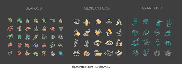 Vector icon and logo collection for asian, japan food seafood and mexican. Delivery food. Editable outline stroke size. Line flat contour, thin and linear design. Simple icons. Sign, symbol, element.