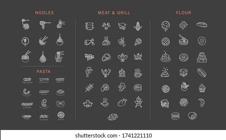 Vector icon and logo collection for italian pasta or noodles, meat grill and flour products. Editable outline stroke size. Line flat contour, thin and linear design. Sign, symbol, element.