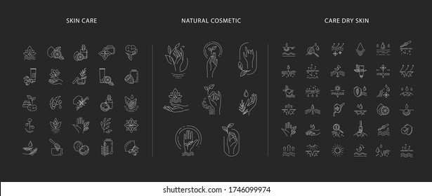 Vector icon and logo collection for natural cosmetics with hand and care dry skin. Editable outline stroke size. Line flat contour, thin and linear design. Sign, symbol, element.
