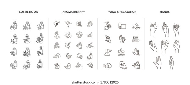 Vector icon and logo collection for natural cosmetics oil care dry skin, aromatherapy, yoga or relaxation and hands symbol. Editable outline stroke size. Line flat contour, thin and linear design