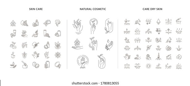 Vektorsymbol- und Logo-Kollektion für Naturkosmetik mit Hand und sorgfältig trockener Haut. Bearbeitbare Rahmentaktgröße. Linienkontur, dünne und lineare Konstruktion. Unterschreiben, Symbol, Element.