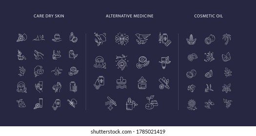 Vector icon and logo collection for natural cosmetics oil, care dry skin and alternative medicine. Editable outline stroke size. Vitamin E, olive oil elements. Concept illustration. Sign, symbol
