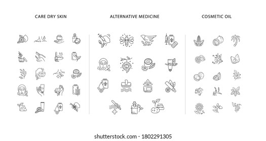 Vector icon and logo collection for natural cosmetics oil, care dry skin and alternative medicine. Editable outline stroke size. Vitamin E, olive oil elements. Concept illustration. Sign, symbol