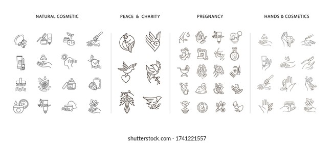 Vector icon and logo collection for pegnancy and gynecology, peace and charity, natural cosmetics. Editable outline stroke size. Line flat contour, thin and linear design. Simple icons. Sign, symbol
