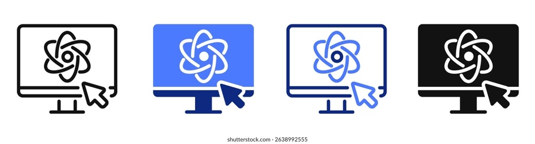 Vector icon or logo of computer monitor with science sign related to physics and chemistry, nuclear energy, education. Symbol for website or app UI, logo design, illustration