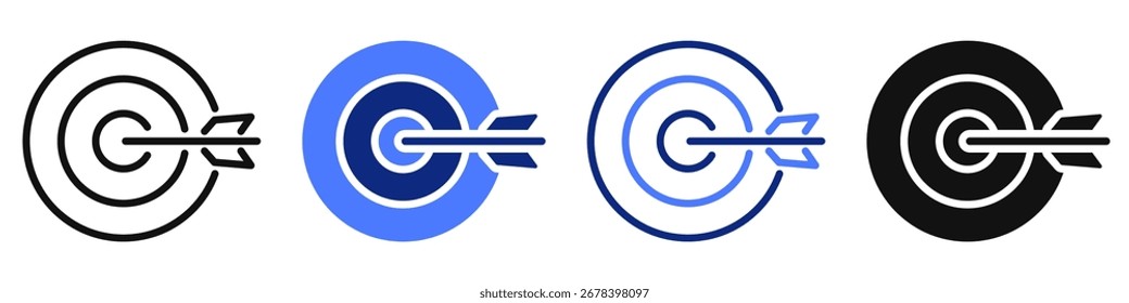 Ícone ou logotipo do alvo do dardo e seta relacionada ao objetivo e objetivo do negócio, precisão e eficiência, esporte e hobbies. Símbolo para IU de site ou aplicativo, design de logotipo, ilustração