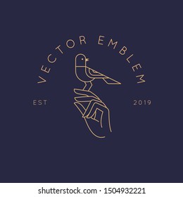 Vector icon and logo design template in simple linear style - hand with a small bird, emblem or sign for  organic cosmetic products, hand crafted design or beauty studio
