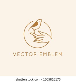 Vector icon and logo design template in simple linear style - hand with a small bird, emblem or sign for  organic cosmetic products, hand crafted design or beauty studio
