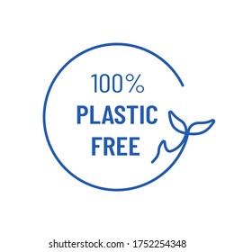 Vector icon and logo design template - 100 % plastic free emblem for packaging organic and eco-friendly products. Round sticker, stamp in simple linear style