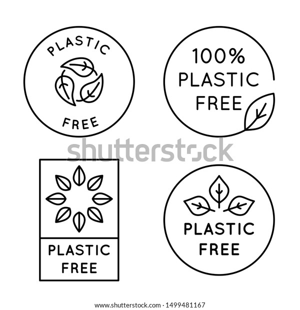 Vector icon and logo design template in simple\
linear style - 100 % plastic free emblem for packaging eco-friendly\
and organic products