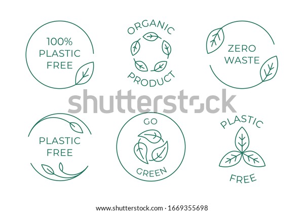 Vector icon and logo design template in simple
linear style - 100 % plastic free emblem for packaging eco-friendly
and organic products