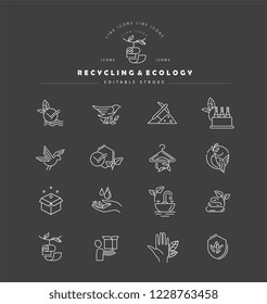 Vector icon and logo for environmental protection and recycling. Editable outline stroke size. Line flat contour, thin and linear design. Simple icons. Concept illustration. Sign, symbol, element.