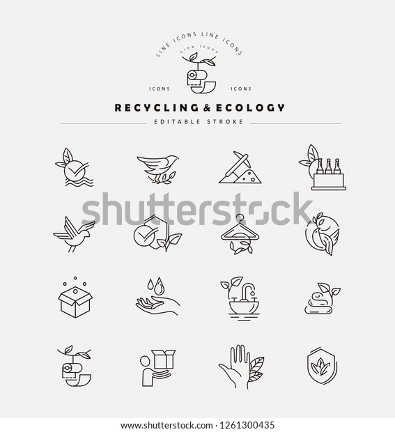 Vector icon and logo for environmental\
protection and recycling. Editable outline stroke size. Line flat\
contour, thin and linear design. Simple icons. Concept\
illustration. Sign, symbol,\
element.
