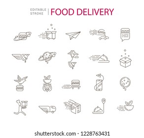 Vector icon and logo for food online deliwery. Editable outline stroke size. Line flat contour, thin and linear design. Simple icons. Concept illustration. Sign, symbol, element.