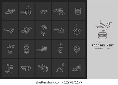 Vector icon and logo for food online deliwery. Editable outline stroke size. Line flat contour, thin and linear design. Simple icons. Concept illustration. Sign, symbol, element.