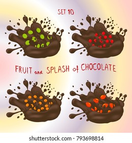 Vector icon logo for fruit gooseberry, cranberry, rose hip, sea buckthorn, splash of drop brown chocolate. Cranberry pattern of drip Chocolate.Eat fruits gooseberries,cranberries,rosehip in chocolates