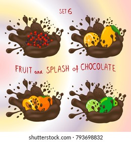 Vector icon logo for fruit lime, persimmon, kumquat, currant, splash of drop brown chocolate. Lime pattern of splashes drip flow Chocolate. Eat fruits limes, persimmons,kumquats,currants in chocolates