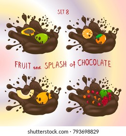 Vector icon logo for fruit orange, grape, melon, papaya, splash of drop brown chocolate. Melon pattern of splashes drip flow Chocolate. Eat sweet fruits oranges, grapes, melons, papayas in chocolates.