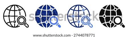 Vector icon or logo of globe with magnifying glass related to internet search, SEO, travel and location. Symbol for website or app UI, logo design, illustration