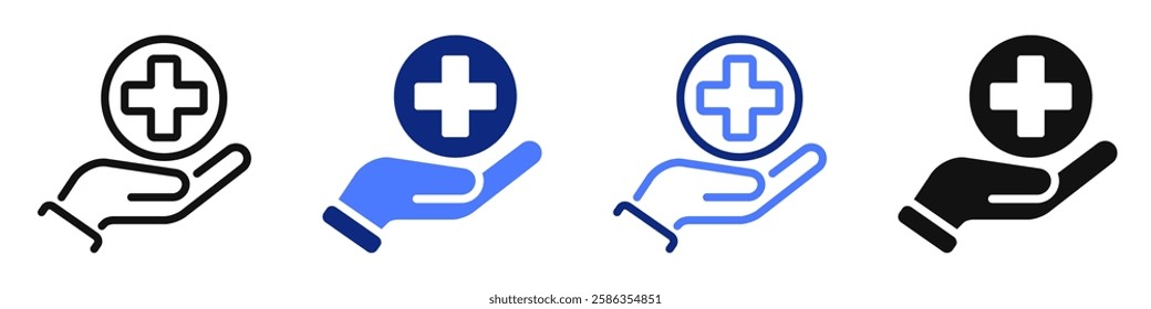 Vector icon or logo of hand with medical symbol related to healthcare and medicine, charity and support. Symbol for website or app ui, logo design, illustration