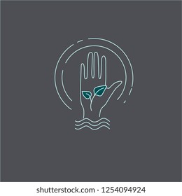 Vector icon and logo with hand for natural cosmetics and care dry skin. Editable outline stroke size. Line flat contour, thin and linear design. Simple icons. Concept illustration. Sign, symbol