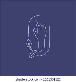 Vector icon and logo with hand for natural cosmetics and care dry skin. Editable outline stroke size. Line flat contour, thin and linear design. Simple icons. Concept illustration. Sign, symbol
