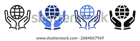 Vector icon or logo of hands holding world globe related to protecting and saving Earth, environment and conservation issues. Symbol for website or app UI, logo design, illustration