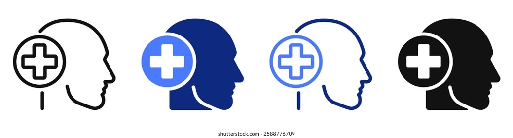 Vector icon or logo of head with medical cross related to medicine and healthcare, first aid and pharmacy, ambulance. Symbol for website or app ui, logo design, illustration