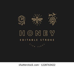 Vector icon and logo honey. Editable outline stroke size. Line flat contour, thin and linear design. Simple icons. Concept illustration. Sign, symbol, element.