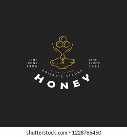 Vector icon and logo honey. Editable outline stroke size. Line flat contour, thin and linear design. Simple icons. Concept illustration. Sign, symbol, element.