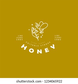 Vector icon and logo honey. Editable outline stroke size. Line flat contour, thin and linear design. Simple icons. Concept illustration. Sign, symbol, element.