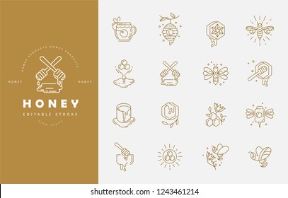 Vector icon and logo honey. Editable outline stroke size. Line flat contour, thin and linear design. Simple icons. Concept illustration. Sign, symbol, element.