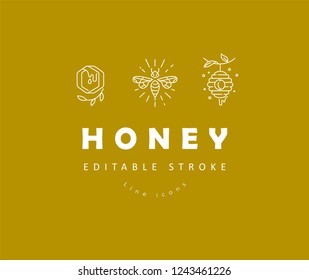 Vector icon and logo honey. Editable outline stroke size. Line flat contour, thin and linear design. Simple icons. Concept illustration. Sign, symbol, element.