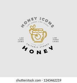 Vector icon and logo honey. Editable outline stroke size. Line flat contour, thin and linear design. Simple icons. Concept illustration. Sign, symbol, element.