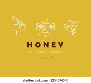 Vector icon and logo honey. Editable outline stroke size. Line flat contour, thin and linear design. Simple icons. Concept illustration. Sign, symbol, element.