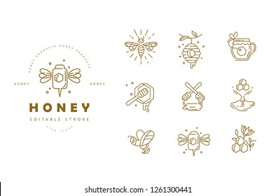 Vector icon and logo honey. Editable outline stroke size. Line flat contour, thin and linear design. Simple icons. Concept illustration. Sign, symbol, element.