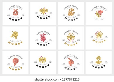 Vector icon and logo honey. Editable outline stroke size. Line flat contour, thin and linear design. Simple icons. Concept illustration. Sign, symbol, element.