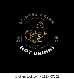 Vector icon and logo hot drinks for cold weather, merry Christmas and Happy New Year . Editable outline stroke size. Line flat contour, thin and linear design. Simple icons. Concept illustration. Sign
