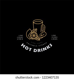 Vector icon and logo hot drinks for cold weather, merry Christmas and Happy New Year . Editable outline stroke size. Line flat contour, thin and linear design. Simple icons. Concept illustration. Sign
