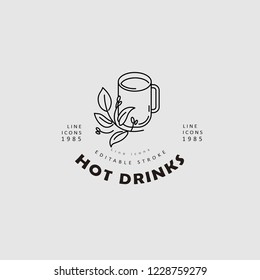 Vector icon and logo hot drinks for cold weather, merry Christmas and Happy New Year . Editable outline stroke size. Line flat contour, thin and linear design. Simple icons. Concept illustration. Sign