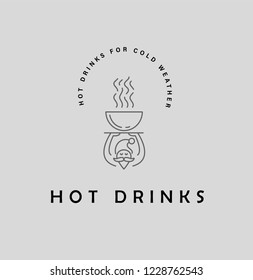 Vector icon and logo hot drinks for cold weather, merry Christmas and Happy New Year . Editable outline stroke size. Line flat contour, thin and linear design. Simple icons. Concept illustration. Sign