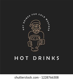 Vector icon and logo hot drinks for cold weather, merry Christmas and Happy New Year . Editable outline stroke size. Line flat contour, thin and linear design. Simple icons. Concept illustration. Sign