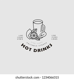 Vector icon and logo hot drinks for cold weather, merry Christmas and Happy New Year . Editable outline stroke size. Line flat contour, thin and linear design. Simple icons. Concept illustration. Sign