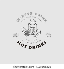 Vector icon and logo hot drinks for cold weather, merry Christmas and Happy New Year . Editable outline stroke size. Line flat contour, thin and linear design. Simple icons. Concept illustration. Sign