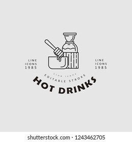 Vector icon and logo hot drinks for cold weather, merry Christmas and Happy New Year . Editable outline stroke size. Line flat contour, thin and linear design. Simple icons. Concept illustration. Sign