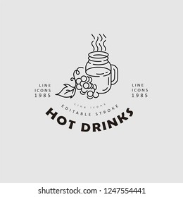 Vector icon and logo hot drinks for cold weather, merry Christmas and Happy New Year . Editable outline stroke size. Line flat contour, thin and linear design. Simple icons. Concept illustration. Sign