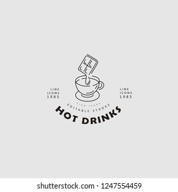 Vector icon and logo hot drinks for cold weather, merry Christmas and Happy New Year . Editable outline stroke size. Line flat contour, thin and linear design. Simple icons. Concept illustration. Sign