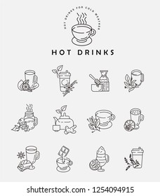 Vector icon and logo hot drinks for cold weather, merry Christmas and Happy New Year . Editable outline stroke size. Line flat contour, thin and linear design. Simple icons. Concept illustration. Sign